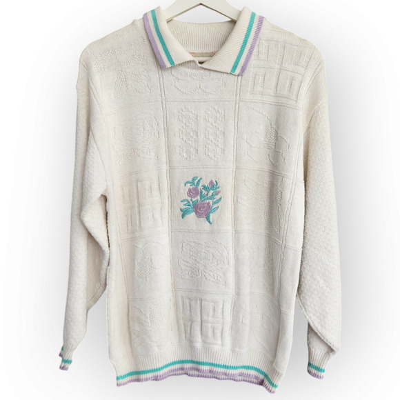 Vintage 80s Winner's Choice White Knit Grandmacore Sweater M - Picture 1 of 9